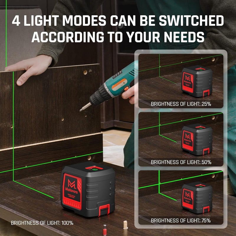Motovera Laser Level, 100 feet Self Leveling Laser Level, Green Cross Line Rotary Lasers, 4 Brightness Adjustment, Manual Self leveling and Pulse Mode, IP54 Waterproof Battery Carrying Bag Included - Image 2